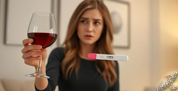 Una mujer joven con una copa de vino en una mano y una prueba de embarazo en la otra, mirando preocupada al fondo.