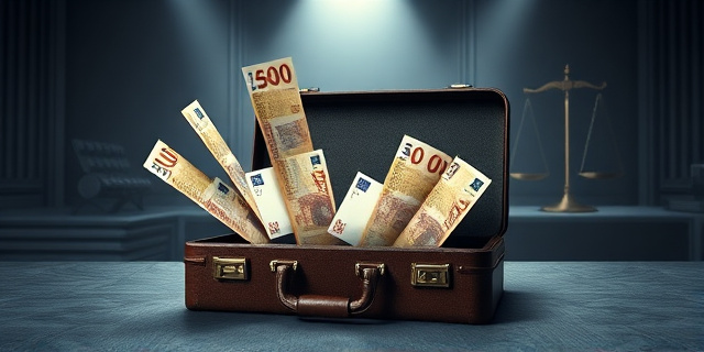 Una ilustración conceptual y satírica. Un maletín de cuero abierto sobre una mesa de oficina gubernamental fría y gris, del cual brotan billetes de euro que se transforman en hojas de papel legal y sellos oficiales. Al fondo, una balanza de la justicia ligeramente inclinada hacia un lado, iluminada por una luz cenital dramática. Estilo editorial de revista financiera, colores sobrios con contrastes fuertes.
