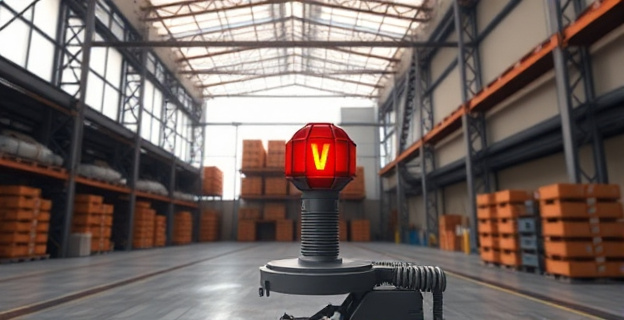 Una imagen de una nave industrial en Nigrán con una baliza V16 en primer plano, y al fondo, una figura representando a David Regades firmando un contrato.