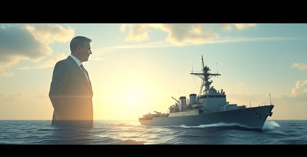 Una imagen que represente un barco de guerra en el mar, con una sombra de un político en el fondo, simbolizando el poder y el control sobre las fuerzas armadas.