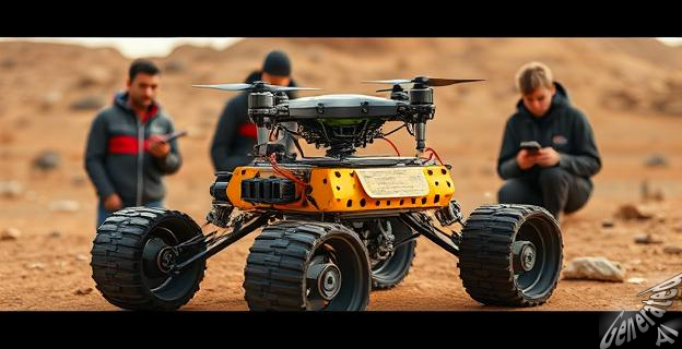 Un grupo de estudiantes de la Universidad de Oviedo mostrando su rover robótico con dron incorporado, diseñado para explorar Marte, en un entorno de laboratorio.