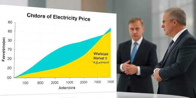 Una gráfica que muestra la composición del precio de la luz, con una parte turquesa que representa el mercado mayorista y una parte amarilla que representa los 