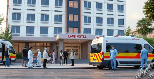 Imagen de un hotel con personas afectadas por un brote de salmonella, con ambulancias y personal médico atendiendo a los pacientes en el exterior.
