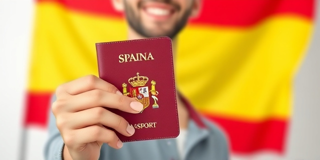 Una imagen de una persona sosteniendo un pasaporte español, con una bandera española de fondo y una sonrisa en el rostro