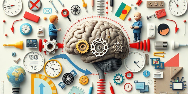 Un collage dinámico que muestra un cerebro humano con engranajes y símbolos de equilibrio emocional, rodeado de elementos que representan responsabilidad, amabilidad y neuroticismo, sin rostros humanos, con colores calmados y tonos contrastantes que sugieren tensión y alivio.