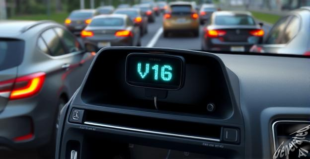 Imagen de una guantera de coche con una baliza V16 conectada, rodeada de vehículos en una carretera congestionada