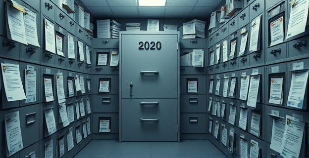 Una sala llena de archivadores con documentación y tickets de gastos, con un ambiente de investigación y revisión de documentos. En el centro, un archivador etiquetado con el año 2020.