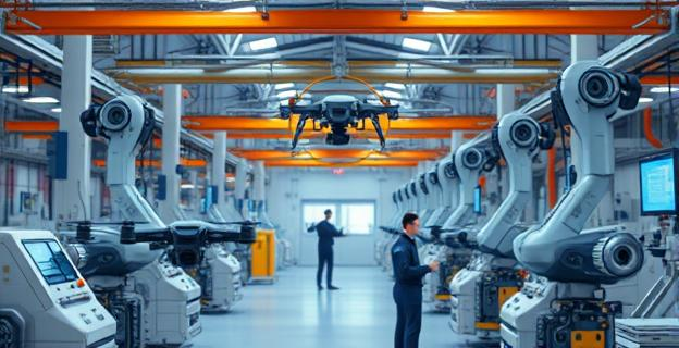 Una fábrica moderna con drones y robots industriales en producción, con trabajadores técnicos especializados en un entorno de alta tecnología y automatización.