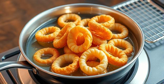Imagen de una sartén con aceite caliente y calamares fritos dorados y crujientes, con una rejilla al lado para escurrir el exceso de aceite
