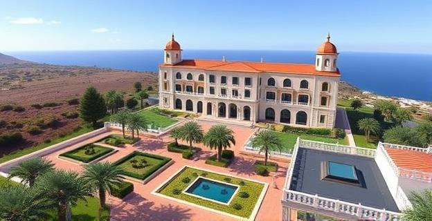 Palacio Real de La Mareta en Lanzarote con jardines y terrazas, rodeado de vegetación y vistas al mar. Sin personas visibles.