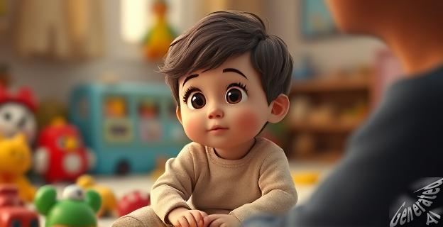 Un niño pequeño sentado en una habitación llena de juguetes, mirando a su padre con una expresión curiosa mientras hace una pregunta.