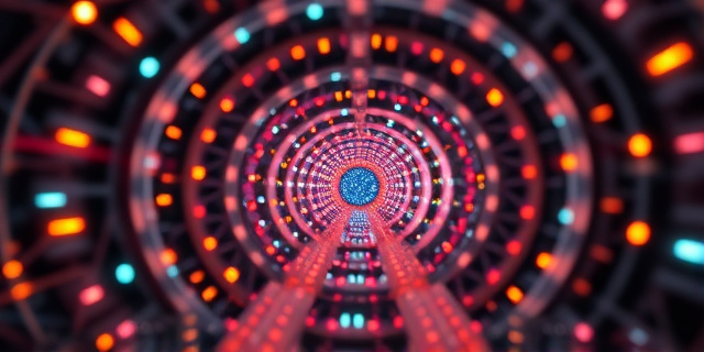 Representación abstracta de un colisionador de partículas como un laberinto de luces y colores, con un fondo cósmico difuminado.  Estilo futurista, con toques de irrealidad y tensión.  Énfasis en la complejidad y la escala del experimento.  Sin figuras humanas.