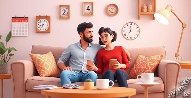 Una pareja sentada en un sofá, con expresiones reflexivas mientras se miran, rodeados de elementos que simbolizan decisiones cotidianas como una agenda, un teléfono y una taza de café.