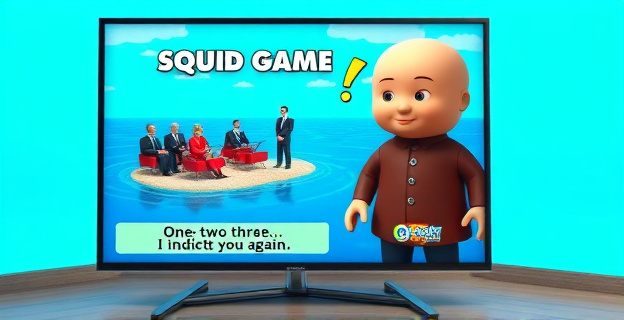 Una pantalla de televisión mostrando un programa de sátira política con una parodia de 