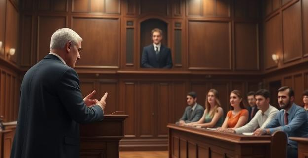 Imagen de una sala de juzgado con un juez dictando sentencia y un grupo de personas en el banquillo de los acusados con expresiones de preocupación