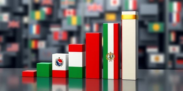 Imagen abstracta que represente un gráfico de barras ascendente, con colores que simulen banderas de diferentes países fusionándose. El fondo debe ser un laberinto burocrático desdibujado, transmitiendo la complejidad del proceso de regularización. Estilo pictórico, con pinceladas expresivas y una paleta de colores cálidos y fríos contrastantes.