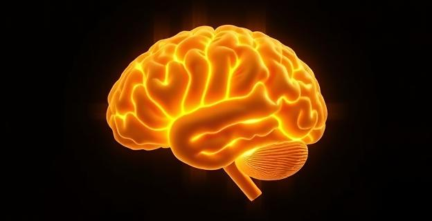 Representación abstracta del cerebro humano mostrando diferentes regiones que se iluminan progresivamente en tonos cálidos (amarillo, naranja) en una línea de tiempo que avanza desde la juventud hacia la madurez, con un punto culminante de brillantez en la edad adulta tardía y una tenue disminución posterior. Sin personas.
