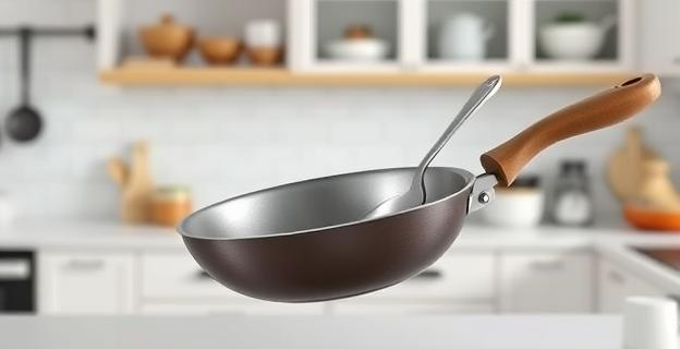 Una sartén con un mango que tiene un agujero, una cocina limpia y organizada, utensilios de cocina como cucharas y espátulas apoyados en el agujero del mango de la sartén.