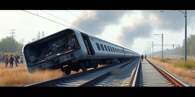 Un tren descarrilado en un tramo de vía férrea, con un carril roto y una gran cantidad de escombros. Al fondo, se ve una gran nube de humo y un grupo de personas corriendo hacia el lugar del accidente.