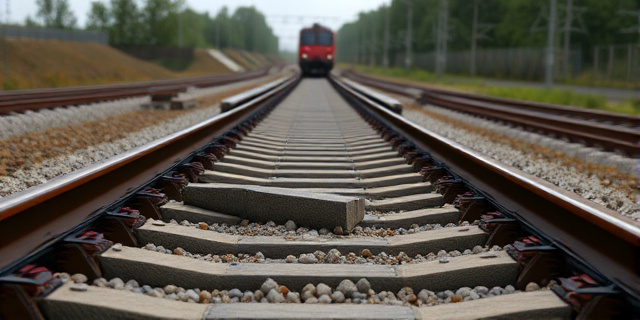 Una vía férrea con una sección rota, con un tren detenido en el fondo