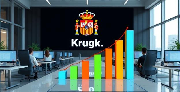 Oficina moderna con empleados trabajando en ordenadores mientras un gráfico de barras muestra un aumento en la contratación. Al fondo, un gran logotipo del Banco de España.