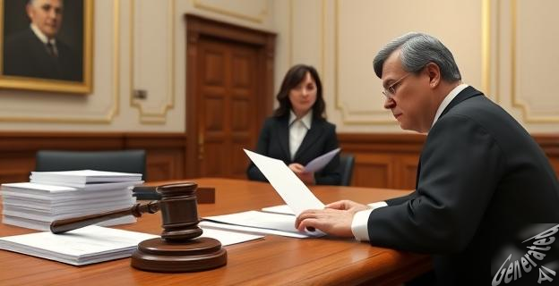 Imagen de un juez en un despacho con documentos y un martillo, con Begoña Gómez y su asistente al fondo, mirando preocupadas.