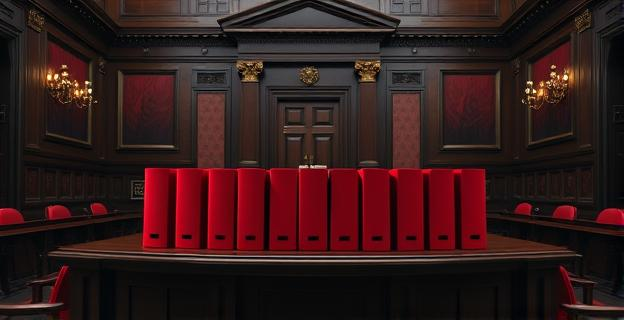 Sala del Senado con varias carpetas rojas sobre una mesa de madera oscura, con un ambiente serio y de investigación