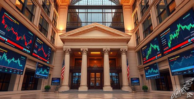 Edificio de la sede central de un banco con pantallas mostrando gráficos bursátiles y datos financieros en tiempo real