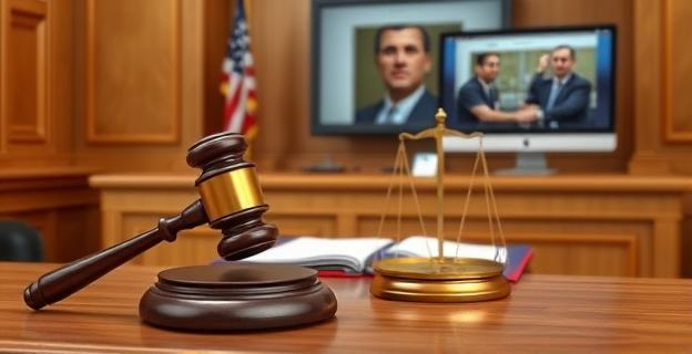 Imagen de un juzgado con un martillo y una balanza en la mesa del juez, con un fondo de documentos legales y una pantalla de ordenador mostrando un caso judicial.