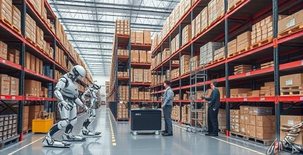 Un almacén futurista con robots moviendo estanterías y preparando pedidos sin intervención humana, con algunos técnicos supervisando en el fondo.