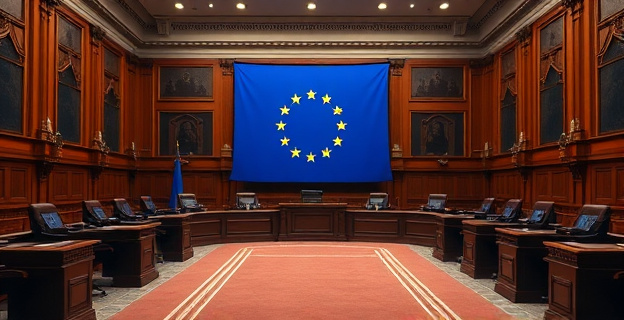 Sala de un tribunal con bandera europea, mesa de jueces y estrados para abogados, ambiente solemne y serio, con un toque de formalidad institucional