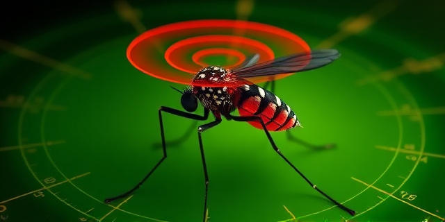 Un mosquito con un radar térmico y químico en su cabeza, rodeado de coordenadas y mapas térmicos que detectan la silueta humana como fuente de calor en el entorno