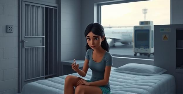 Una escena en una prisión con una joven sentada en una cama con una expresión de tristeza y ansiedad, con tranquilizantes en la mano. Al fondo, una puerta de celda cerrada y una ventana con barrotes. En el exterior, una imagen del aeropuerto de Barajas con un detector de drogas en acción.