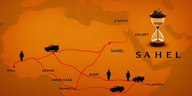 
  Una ilustración estilo documental de guerra minimalista: un mapa del Sahel con líneas rojas que conectan puntos de conflicto (Mali, Níger, Burkina Faso) con siluetas de tanques y figuras enmascaradas. Al fondo, una Europa en miniatura con luces tenues (como si estuviera dormida) y un reloj de arena que se derrama hacia el sur. Tonos ocres, rojos oxidados y azules desvaídos. Sin texto, solo símbolos: un euro que se deshace en ceniza y un barco migratorio en el horizonte. Estilo grabado antiguo con toque digital glitch.