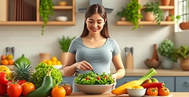 Imagen de una mujer embarazada en una cocina saludable, rodeada de frutas y verduras, con una expresión de satisfacción mientras come una ensalada fresca