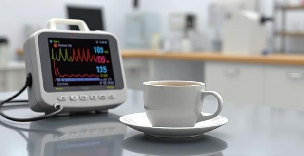 Una taza de café sobre una mesa con un dispositivo médico de monitorización cardíaca al lado, en un ambiente de laboratorio