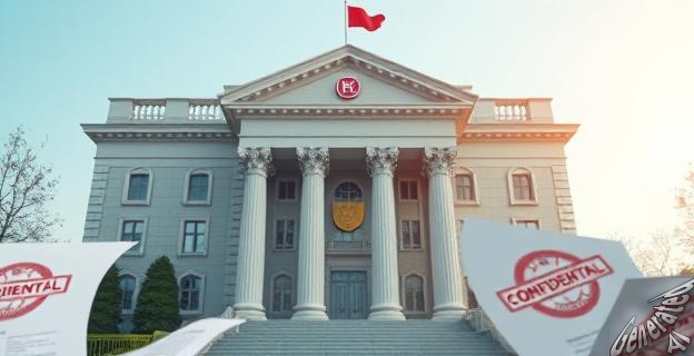 Una imagen de un edificio gubernamental con un logo de Red.es en la fachada, rodeado de documentos y papeles con sellos de 