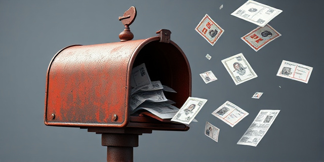 Una ilustración conceptual de un buzón de correo antiguo y oxidado donde salen volando papeles con sellos oficiales y documentos de identidad, estilo caricatura editorial satírica, colores contrastados, fondo de oficina gris