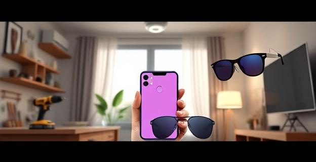 Imagen de una casa moderna con varios dispositivos tecnológicos: un taladro inalámbrico en una mesa de trabajo, un detector de humo en el techo, un smartphone con cámara selfie en una mano, gafas de sol con lentes antiarañazos en una mesa auxiliar, y un joystick de videojuego en una consola de entretenimiento. Todos estos objetos están iluminados con una luz suave que resalta sus diseños elegantes y funcionales.