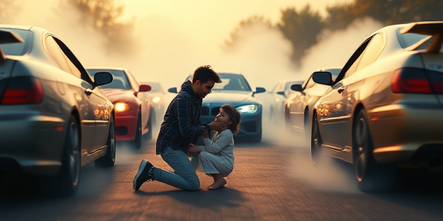Una pareja joven en el centro de un círculo de coches que realizan derrapes, con el joven arrodillado y una caja de joyas en la mano, mientras un coche se acerca peligrosamente