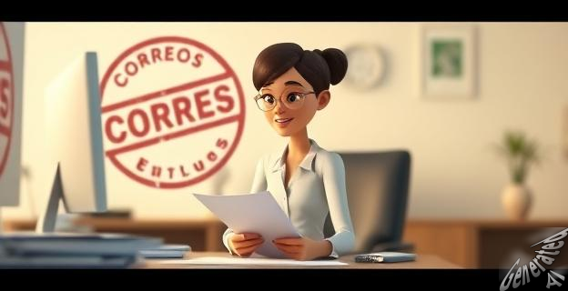 Una mujer sentada en un despacho con papeles y un ordenador, con un sello de Correos en el fondo