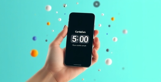 Una mano sosteniendo un móvil con una cuenta atrás de 5 segundos en la pantalla, rodeada de un aura que representa la lucha interna entre la urgencia de mirar y el autocontrol, con elementos que simbolizan la dopamina y el córtex prefrontal al fondo.