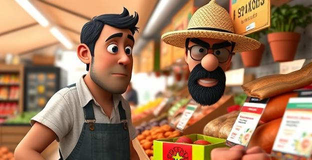 Imagen de un agricultor español preocupado mirando un producto marroquí con etiquetado regional en un mercado