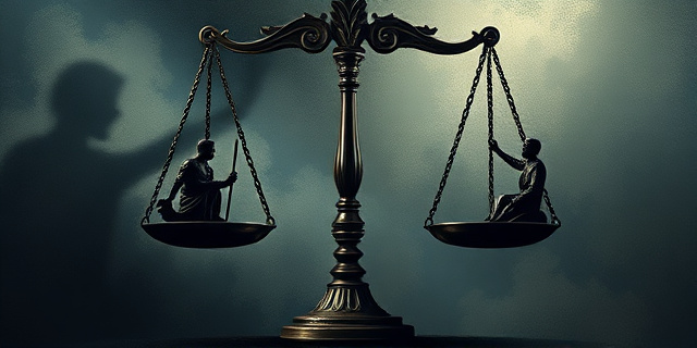 Una balanza de la justicia con una mano inclinada hacia un lado, dominada por sombras y figuras abstractas que representan el poder. La otra mano, más ligera, intenta equilibrarla. Estilo pictórico oscuro y dramático, con toques de expresionismo.