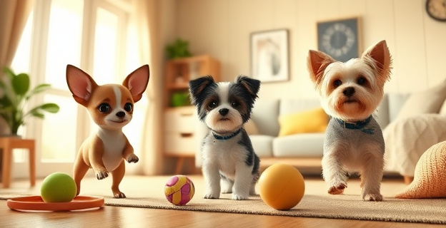 Un piso acogedor con un Chihuahua, un Bichón Frisé y un Yorkshire Terrier jugando juntos en el salón. El ambiente es luminoso y los perros están rodeados de juguetes y cojines.