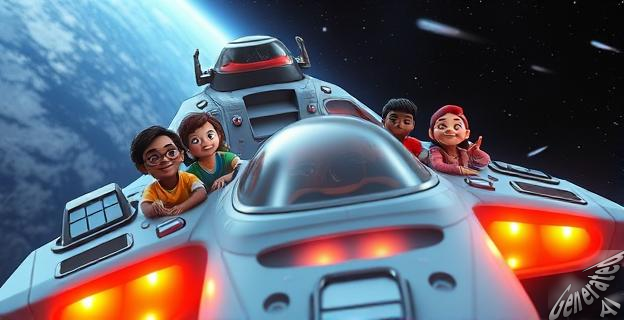 Una nave espacial futurista con un equipo diverso de humanos y alienígenas, sonriendo y listos para la aventura en el espacio.