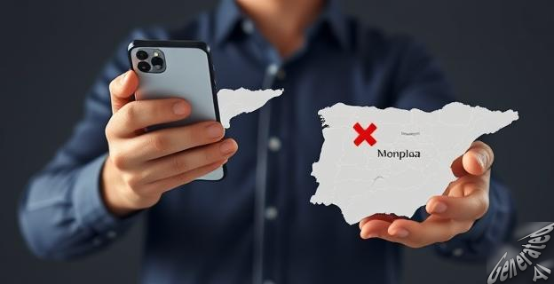 Un hombre con un teléfono móvil en una mano y un mapa de España en la otra, con una X marcada en Moncloa.