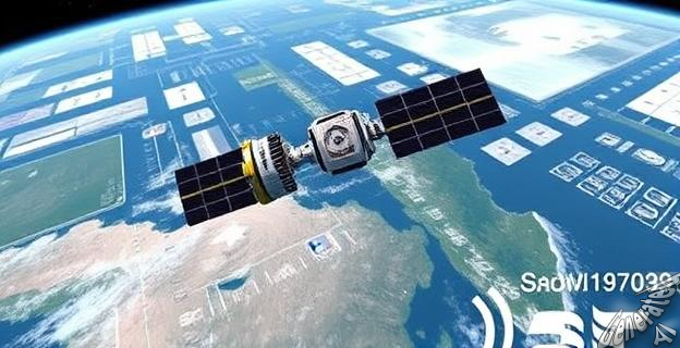 Una imagen de un satélite Starlink en órbita terrestre, con un esquema de las frecuencias de espectro adquiridas en la banda S superpuestas en la imagen.