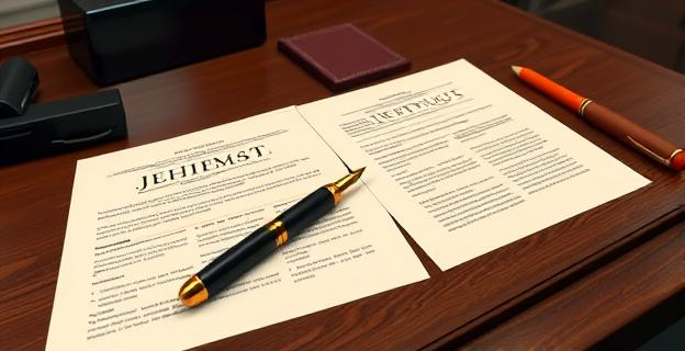Una mesa de despacho con documentos y una pluma estilográfica, representando una investigación judicial en curso con un ambiente serio y formal.