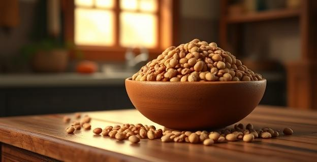 Un tazón de barro lleno de lentejas secas, garbanzos y alubias en una mesa de madera rústica, con un haz de luz cálida que lo ilumina, fondo borroso de una cocina tradicional, sin personas, estilo realista y natural.